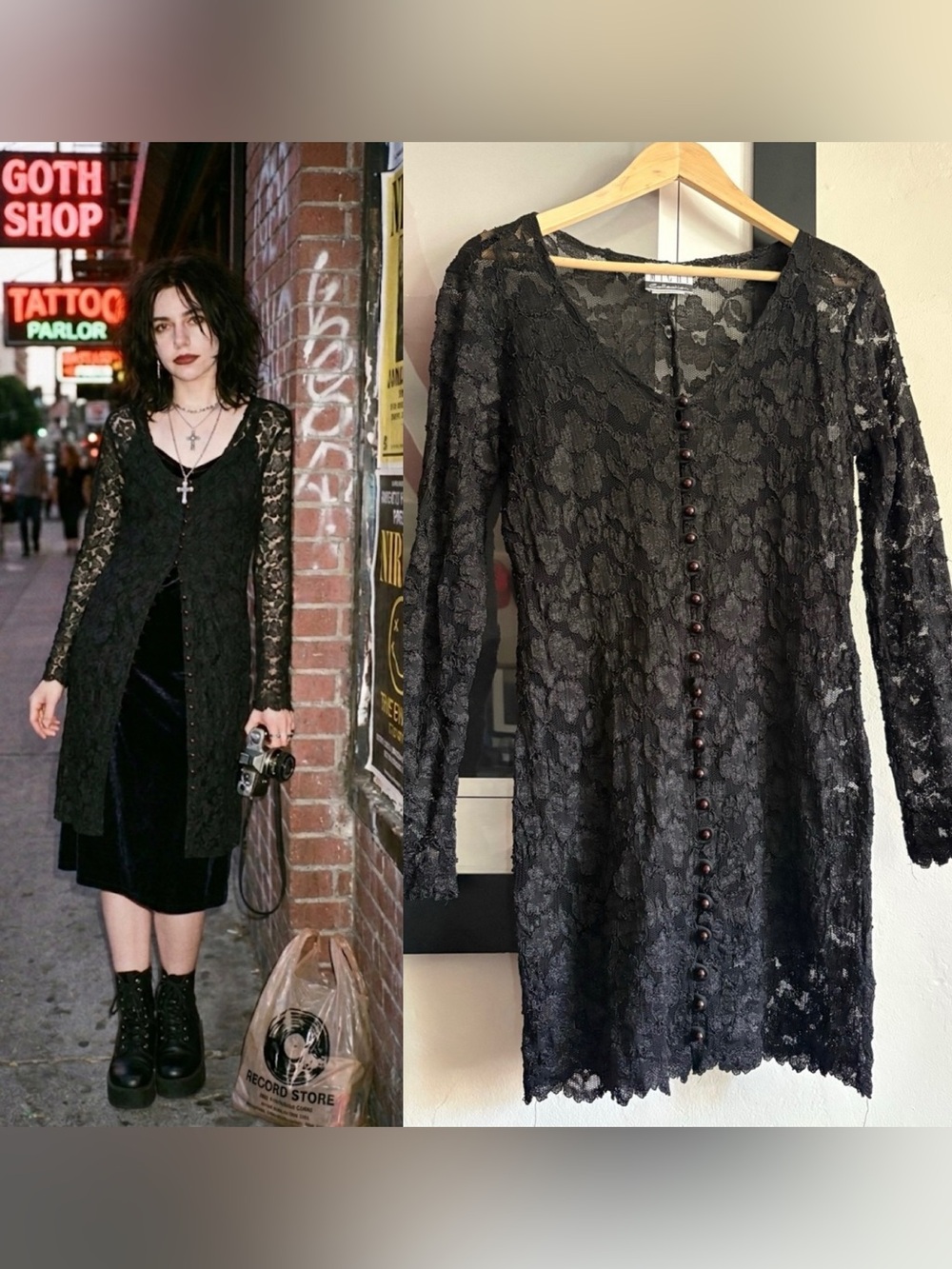 Vintage 90s michi collection Lace Long Sleeve Button-Front Dress